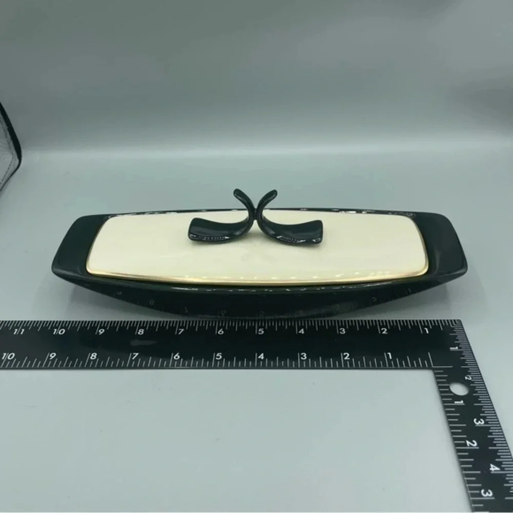 MCM Vintage Lenox Jam Relish Dish with 24-K Gold Black White Made in‎ USA